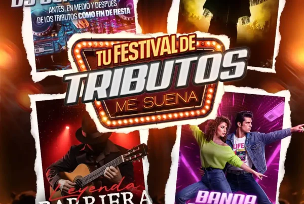Cartel promocional de un festival de tributos con tres conciertos en una sola noche.