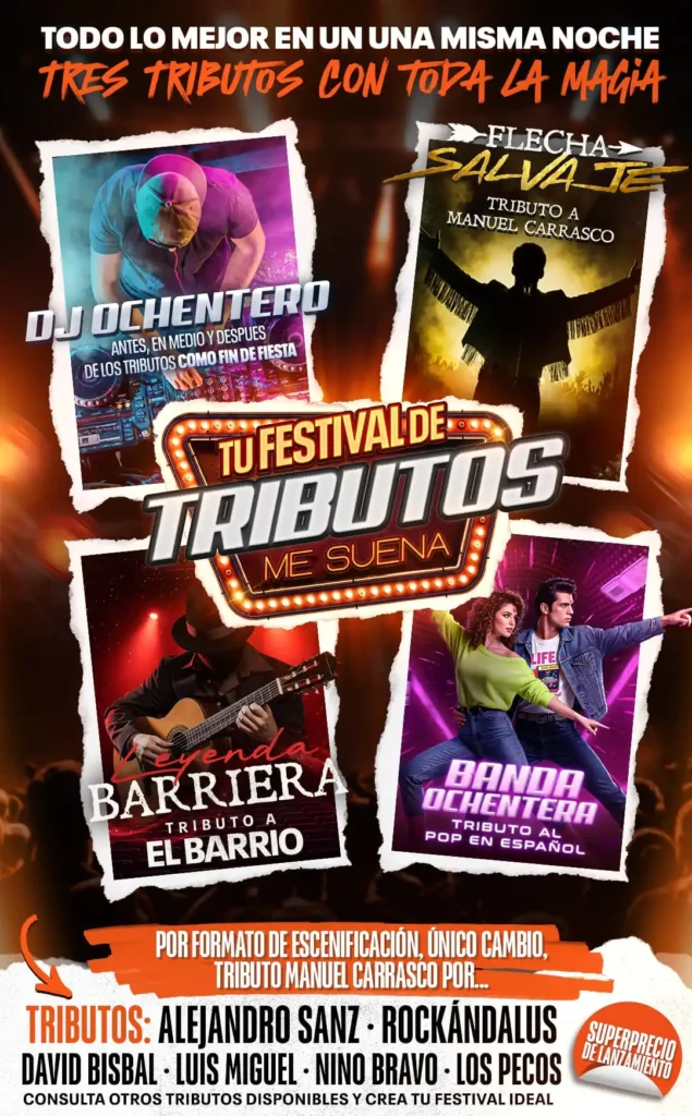 Cartel promocional de un festival de tributos con tres conciertos en una sola noche.